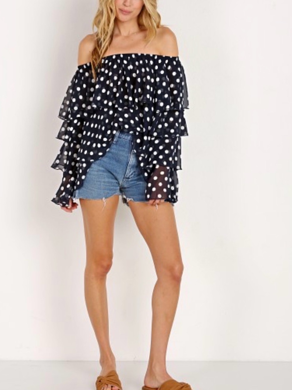Show Me Your Mumu Navy Blue Ruffle Off Shoulder Chi Chi Top Dippin Dots
